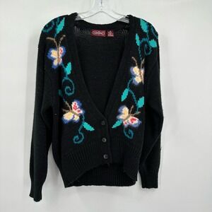 Womens Cottagecore Butterfly Floral Knit Cardigan Size M Whimsical Cozy Vintage